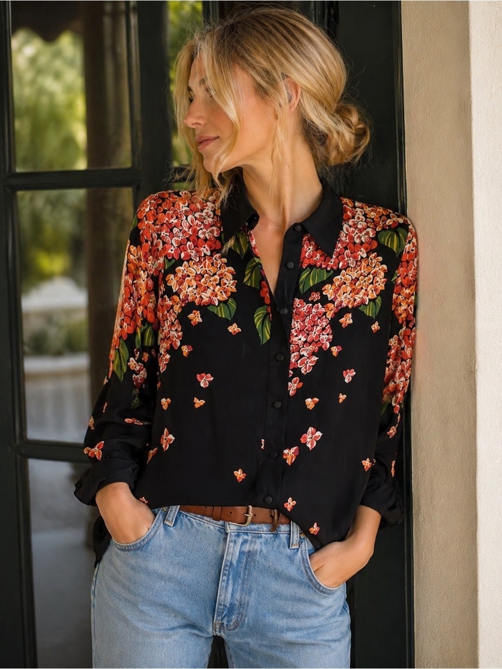 Vintage Bob Mackie Silk Blouse L Floral Beaded Wearable Art 90s Statement Top